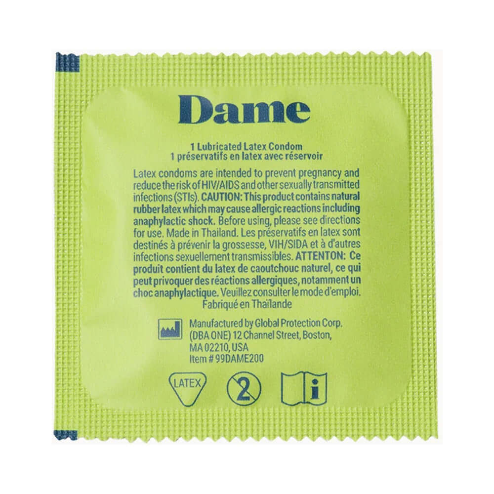 Dame Condoms 3-Pack packaging, featuring a lubricated latex condom with safety instructions.