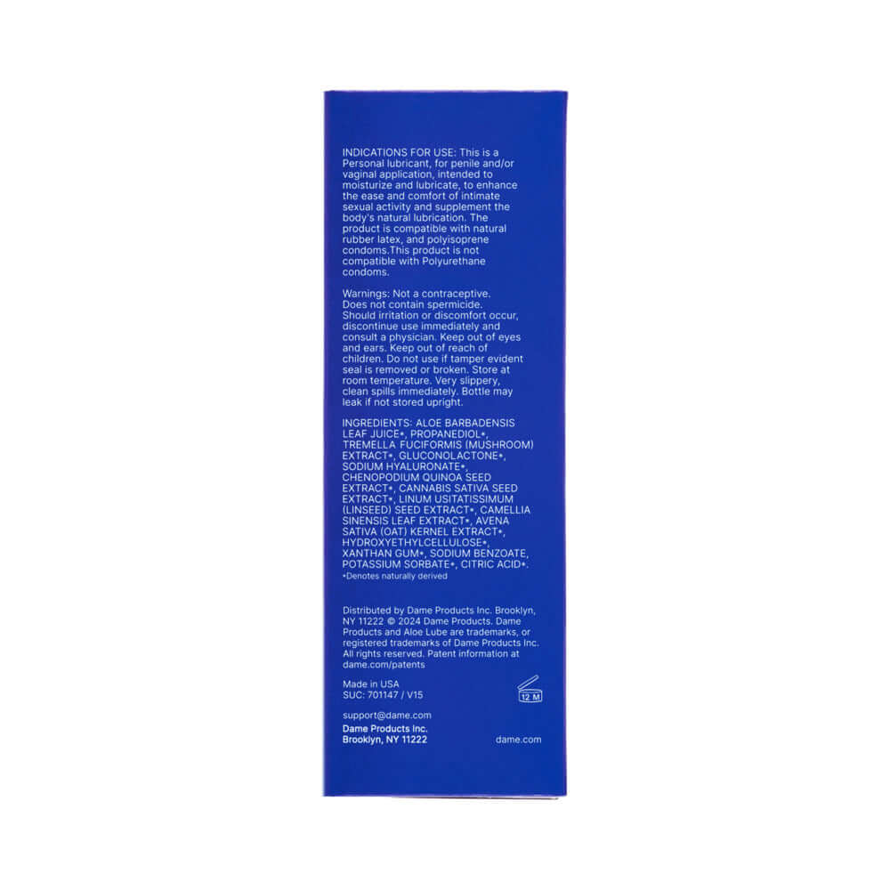 Dame Aloe Lube Personal Lubricant 2 Oz ingredients and usage instructions on the product packaging.