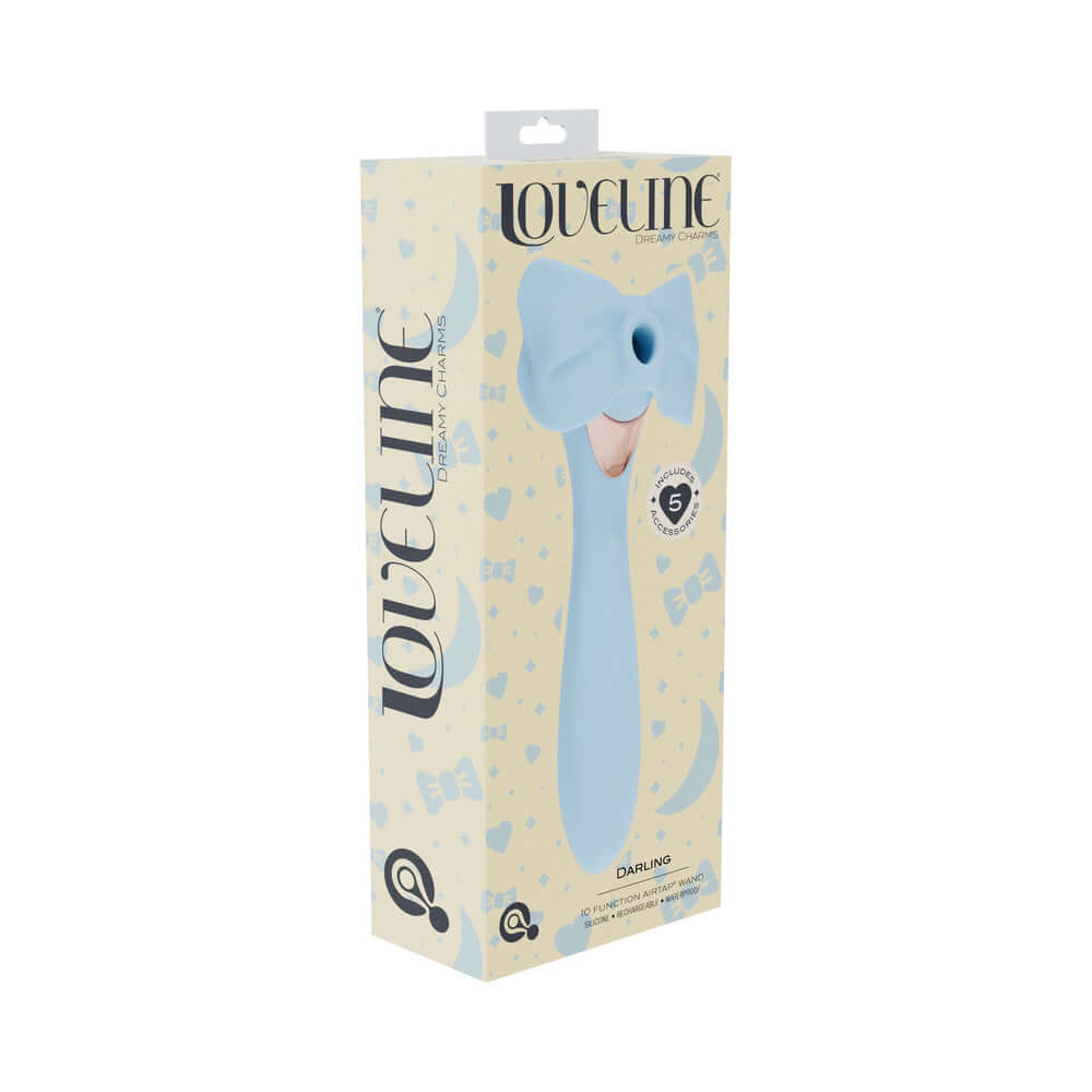 LoveLine Darling AirTapTech Rechargeable Vibrator Blue in stylish packaging with cute bow design.
