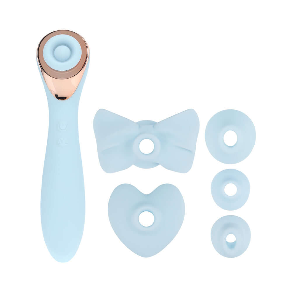 LoveLine Darling AirTapTech Rechargeable Vibrator Blue with interchangeable attachments in pastel colors.