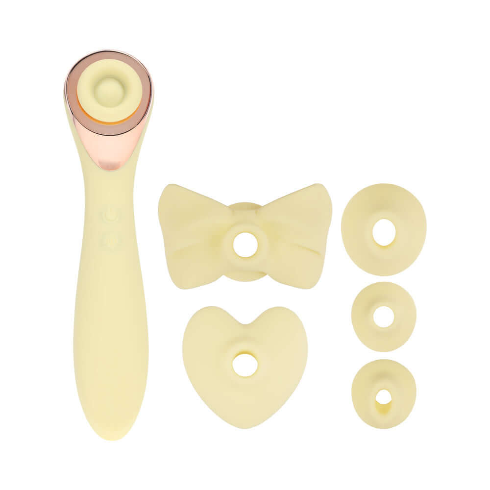 LoveLine Darling AirTapTech Rechargeable Vibrator Yellow with various silicone attachments in pastel colors.