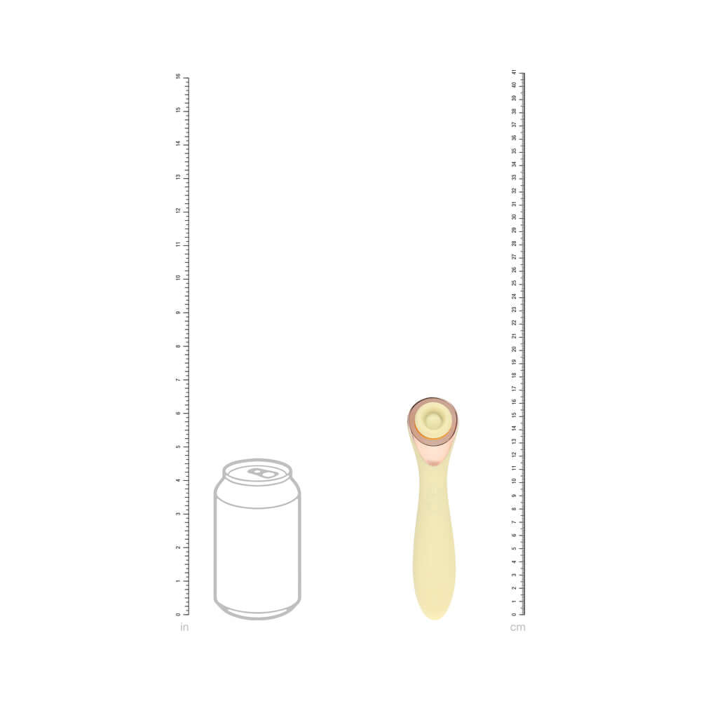LoveLine Darling AirTapTech Rechargeable Vibrator Yellow with size reference next to a soda can for scale.