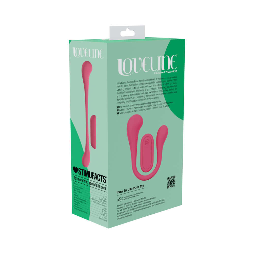 LoveLine FlexEase Bend Vibe Liquid Silicone Pink packaging showcasing its flexible design and dual-ended functionality.