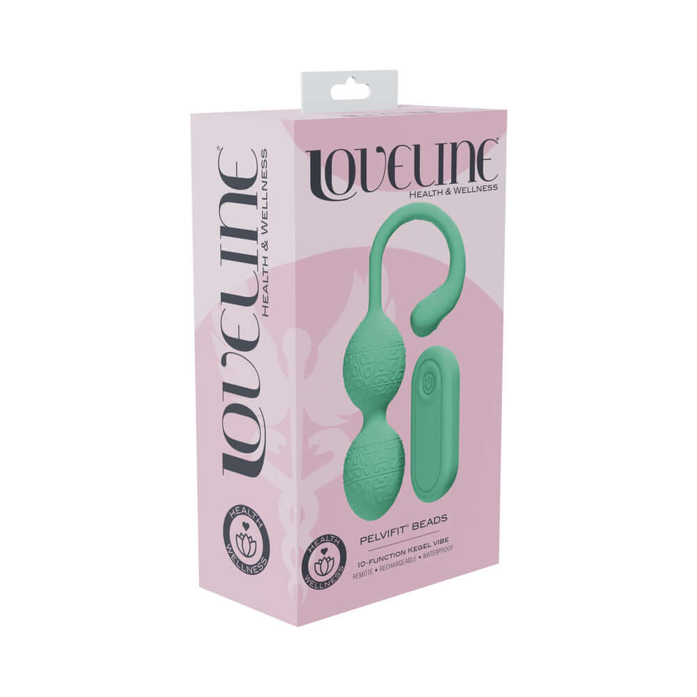 LoveLine PelviFit Beads Kegel Vibe Waterproof Remote Green packaging with dual beads and remote control.