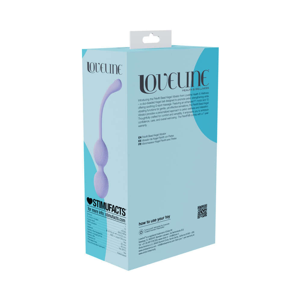 LoveLine PelviFit Beads Kegel Vibe Waterproof Remote Lavender packaging with instructions and product details.