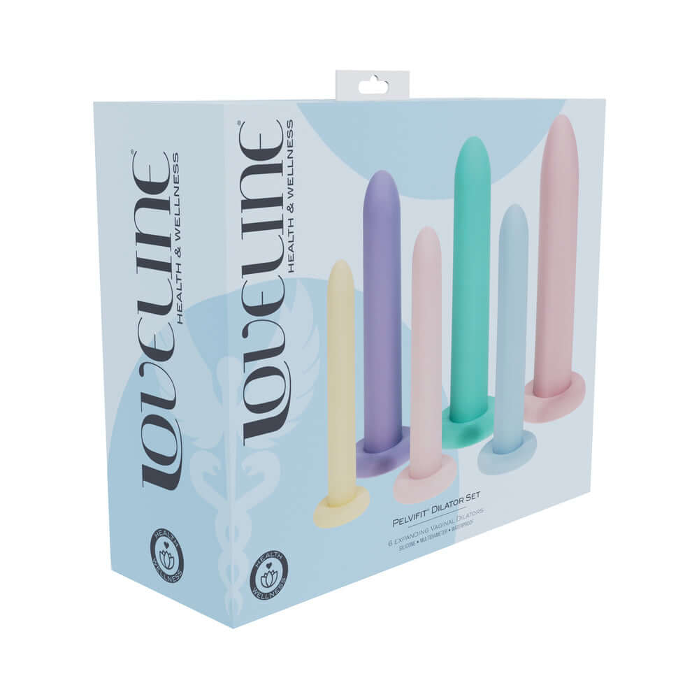 LoveLine PelviFit Expanding Vaginal Dilator Set Silicone packaging featuring six colorful silicone dilators.