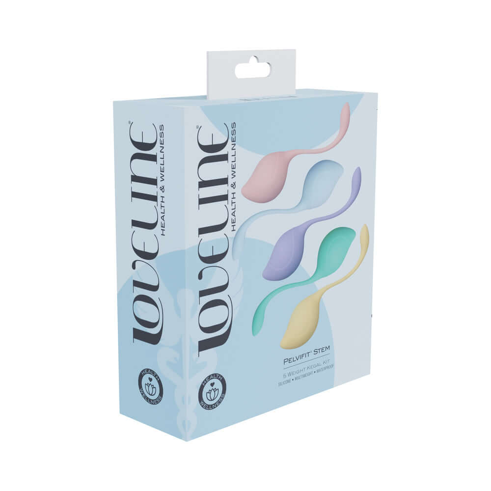 LoveLine PelviFit Stem Kegel Kit Multiweight Waterproof packaging with four colorful weights for pelvic training.