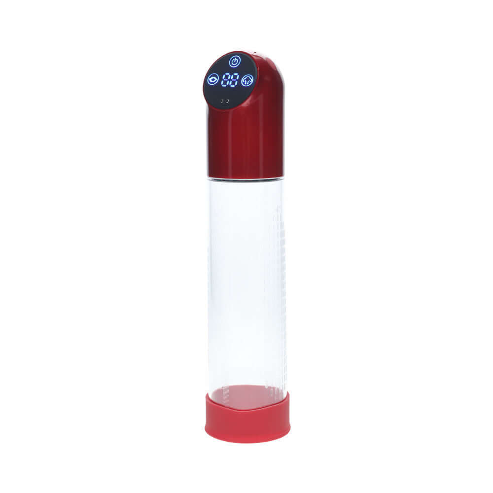 PUMPED Automatic Waterproof Metal Red penis pump featuring a sleek design and digital control panel.