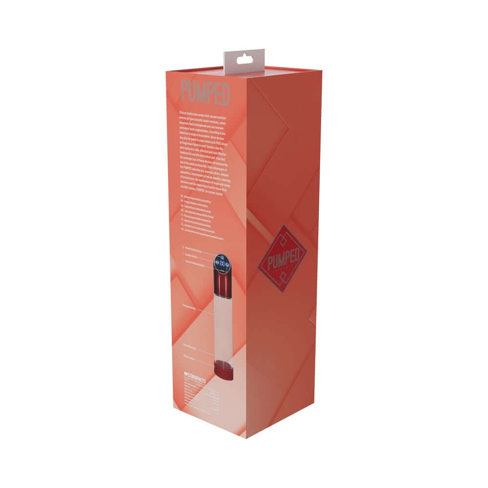PUMPED Automatic Waterproof Metal Red packaging showcasing features and design of the penis pump.