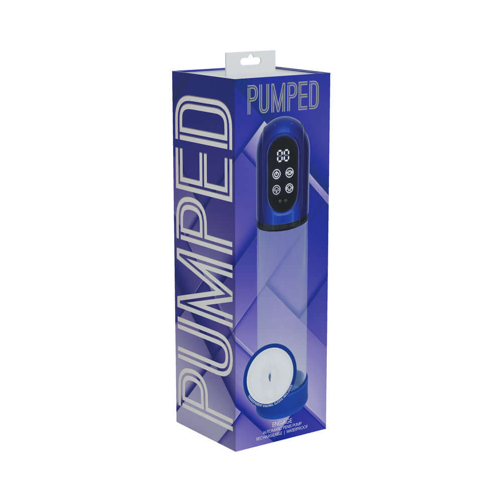 PUMPED Engage Automatic Waterproof Metallic Blue product packaging with sleek design and digital controls.