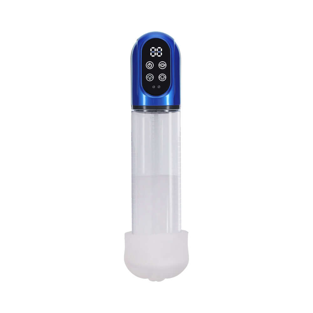 PUMPED Engage Automatic Waterproof Metallic Blue penis pump showcasing sleek design and digital controls.