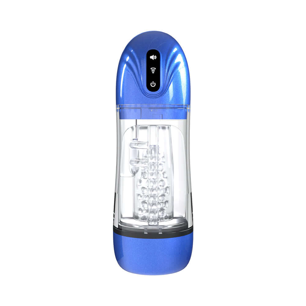 PUMPED SonicPull Masturbator Suction Vibration Blue with powerful stroker design and clear insertion sleeve.
