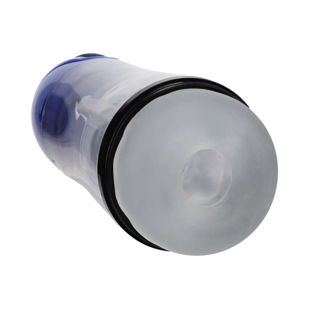 PUMPED SonicPull Masturbator Suction Vibration Blue, featuring a clear, ultra-soft sleeve and blue accent for enhanced pleasure.