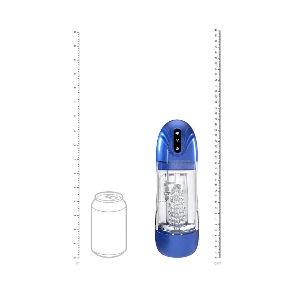 PUMPED SonicPull Masturbator Suction Vibration Blue with measurement scale for size reference.