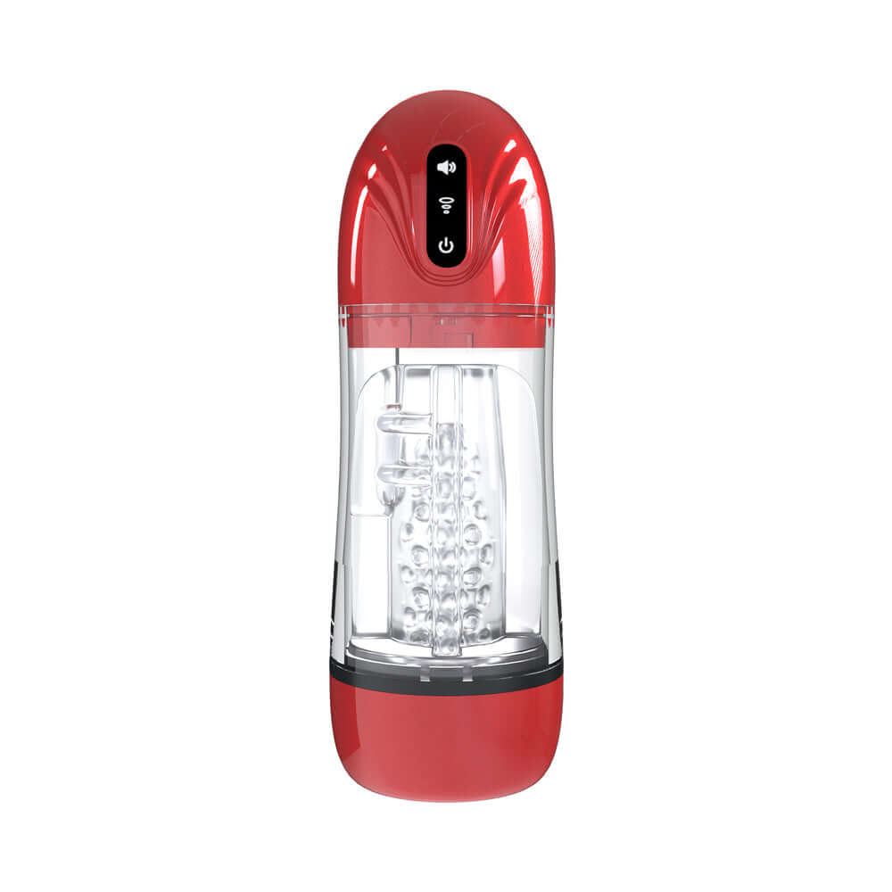 PUMPED SonicPull Masturbator Suction Vibration Red showcasing its sleek design and features for enhanced pleasure.