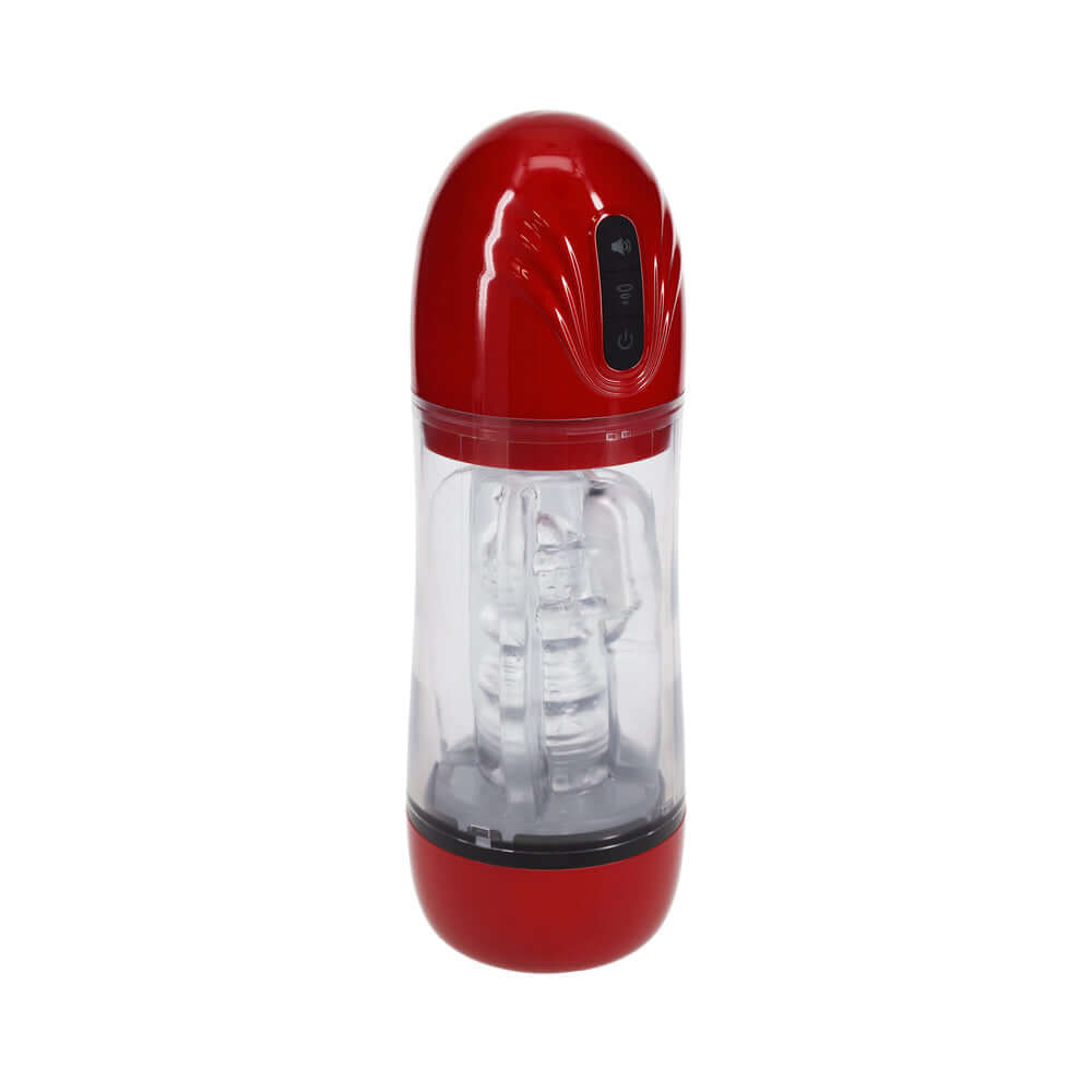 PUMPED SonicPull Masturbator Suction Vibration Red, a high-performance stroker with smooth insertion sleeve for intense pleasure.