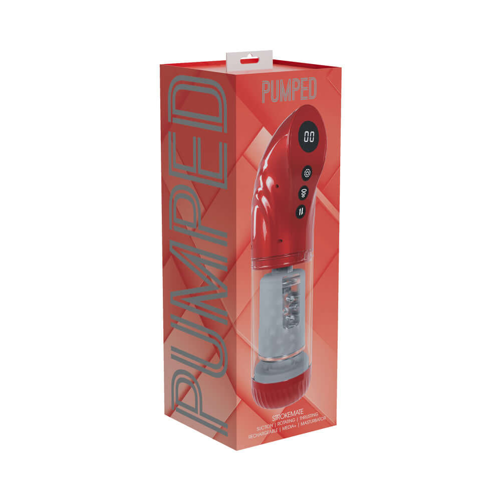 PUMPED StrokeMate Masturbator Metallic Red packaging with controls and sleek design.