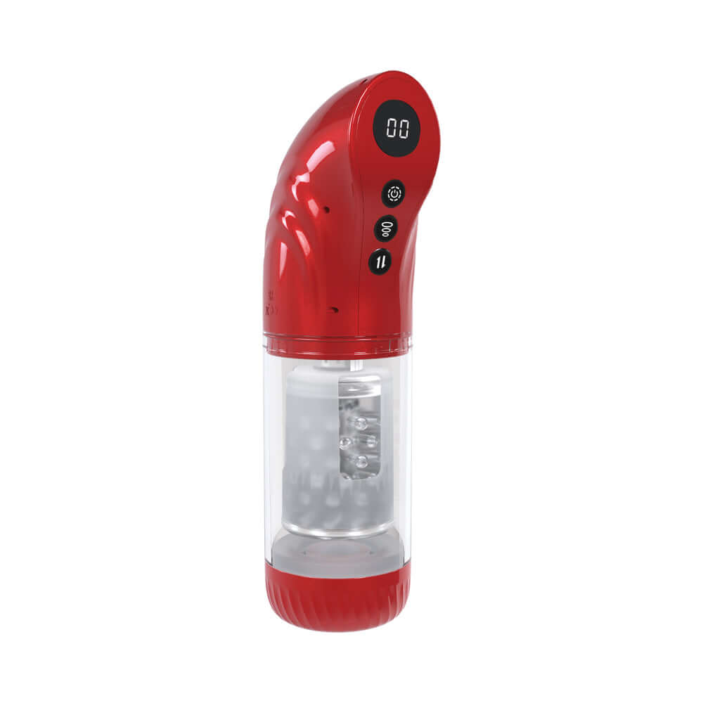 PUMPED StrokeMate Masturbator Metallic Red automatic stroker with sleek design and digital controls.