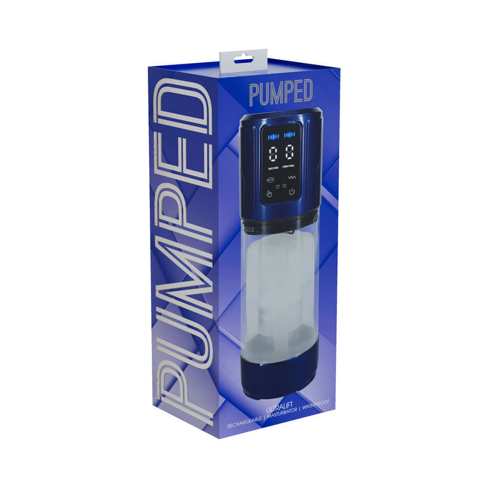 PUMPED UltraLift Automatic Masturbator Waterproof Blue in packaging, showcasing features and design.