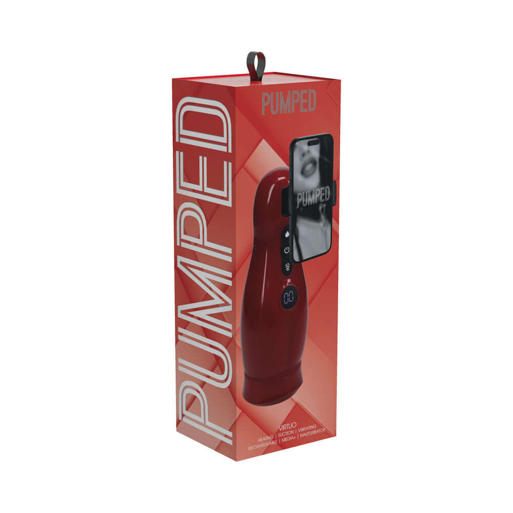 PUMPED Virtuo Masturbator Suction Vibration Phone Attachment in modern red packaging with controls