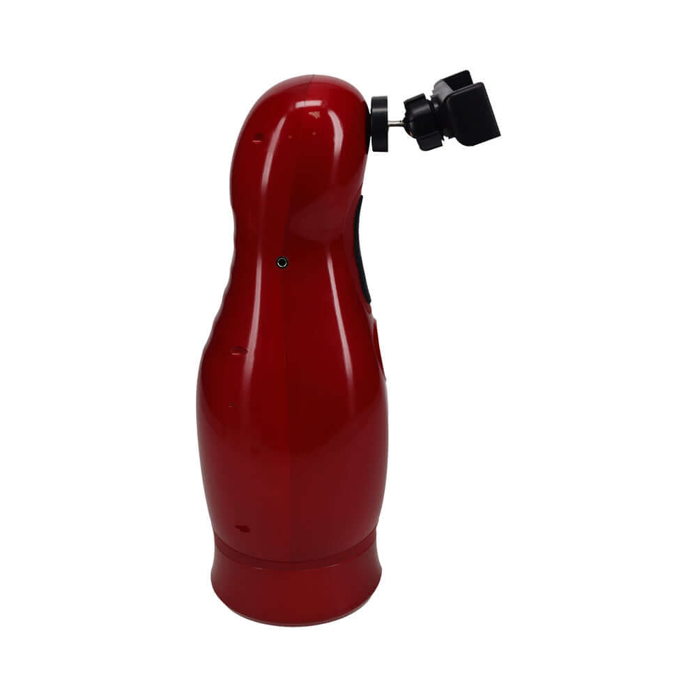 PUMPED Virtuo Masturbator Suction Vibration Phone Attachment in red with adjustable phone mount.