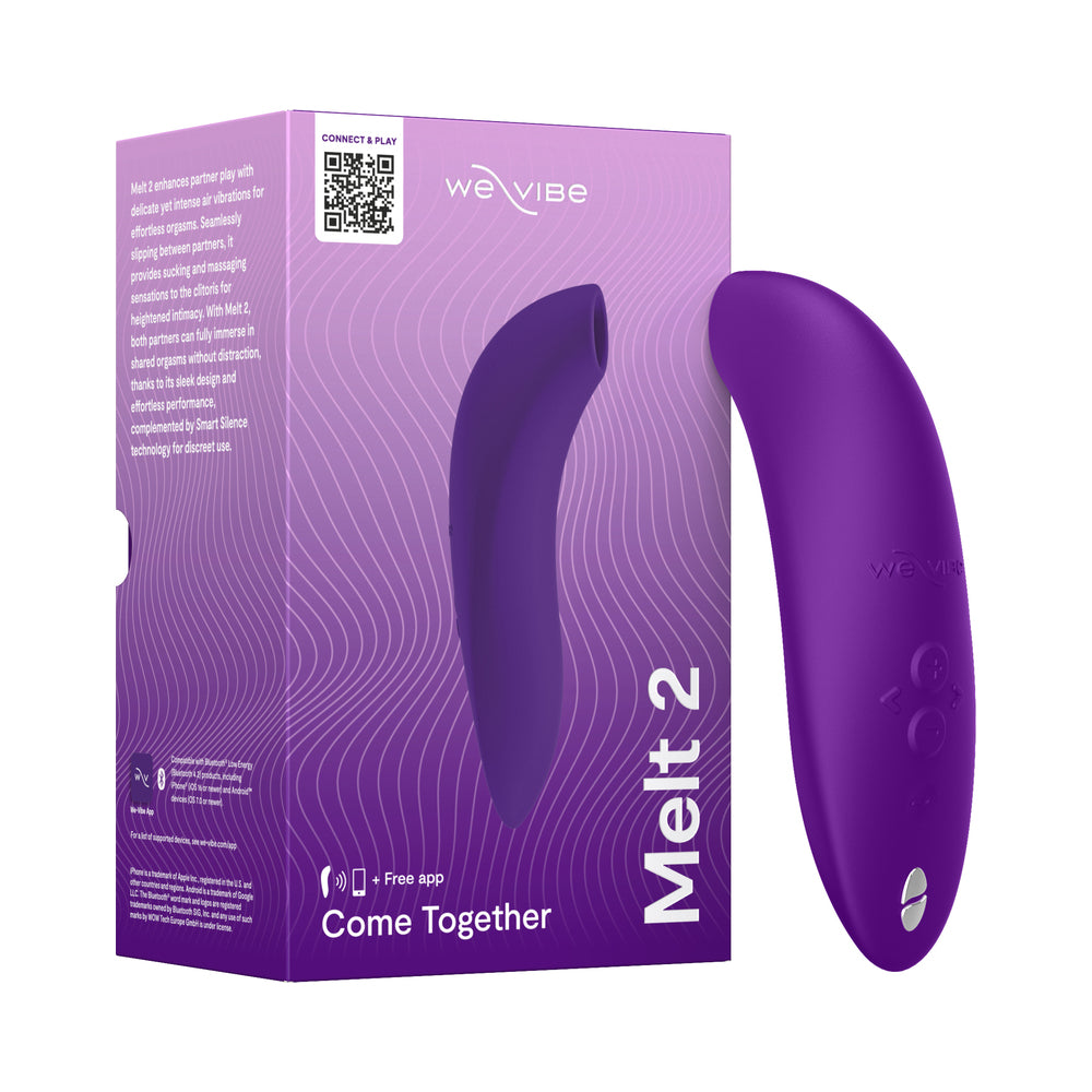 We-Vibe Melt 2 Pleasure Air Clitoral Stimulator Purple in packaging with ergonomic design for intense pleasure.