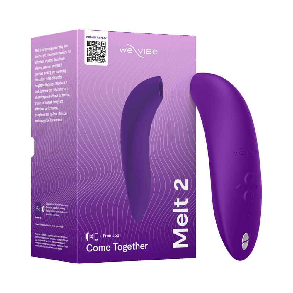 We-Vibe Melt 2 Pleasure Air Clitoral Stimulator Purple in packaging with ergonomic design for intense pleasure.