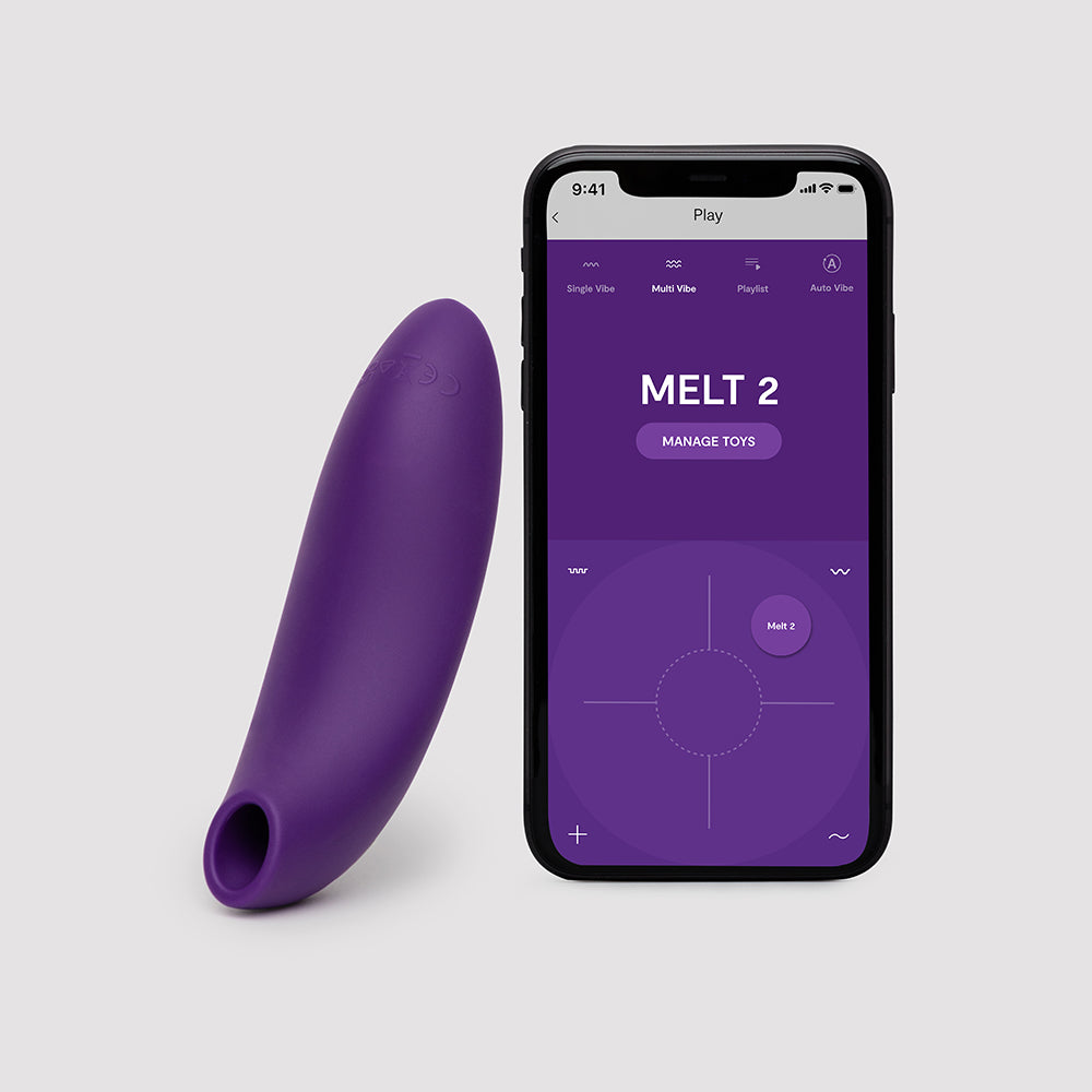 We-Vibe Melt 2 Pleasure Air Clitoral Stimulator Purple with app interface on smartphone.