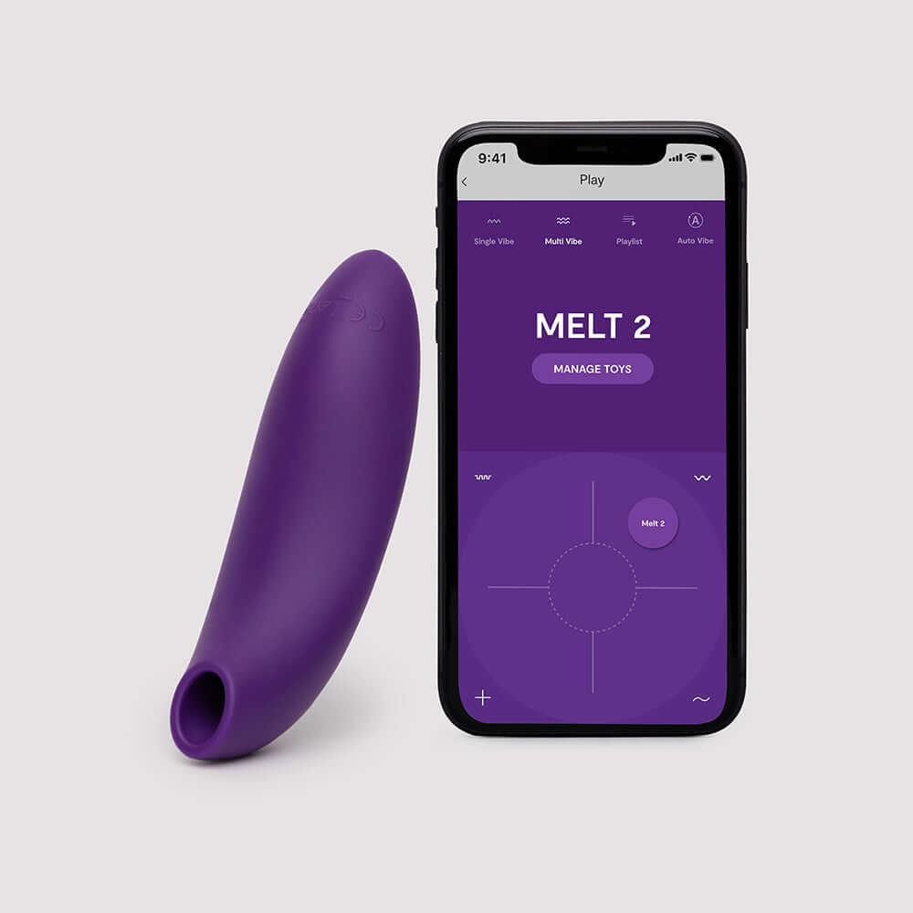 We-Vibe Melt 2 Pleasure Air Clitoral Stimulator Purple with app interface on smartphone.