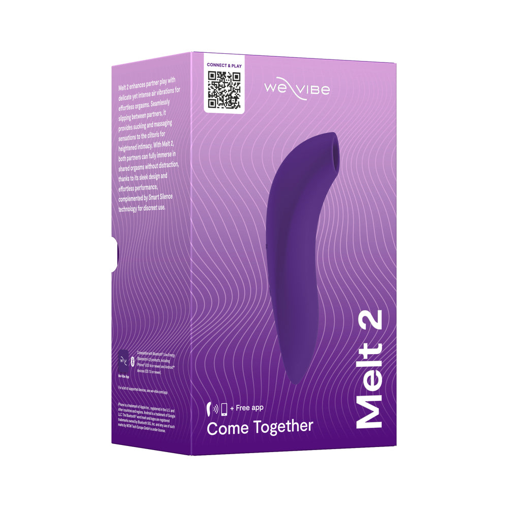 We-Vibe Melt 2 Pleasure Air Clitoral Stimulator Purple packaging showcasing sleek design and features.