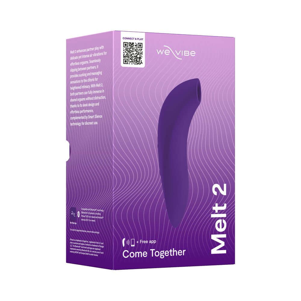 We-Vibe Melt 2 Pleasure Air Clitoral Stimulator Purple packaging showcasing sleek design and features.