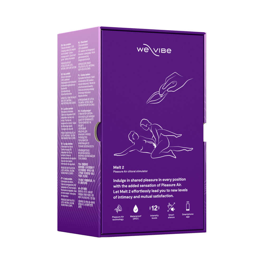 We-Vibe Melt 2 Pleasure Air Clitoral Stimulator Purple packaging showcasing its ergonomic design and features.