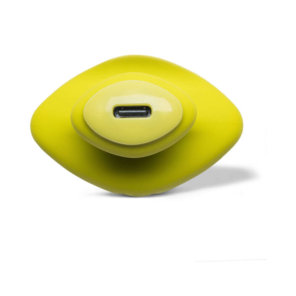 Dame Fin 2.0 Finger Vibrator Citrus in vibrant yellow design with sleek, ergonomic shape and charging port.