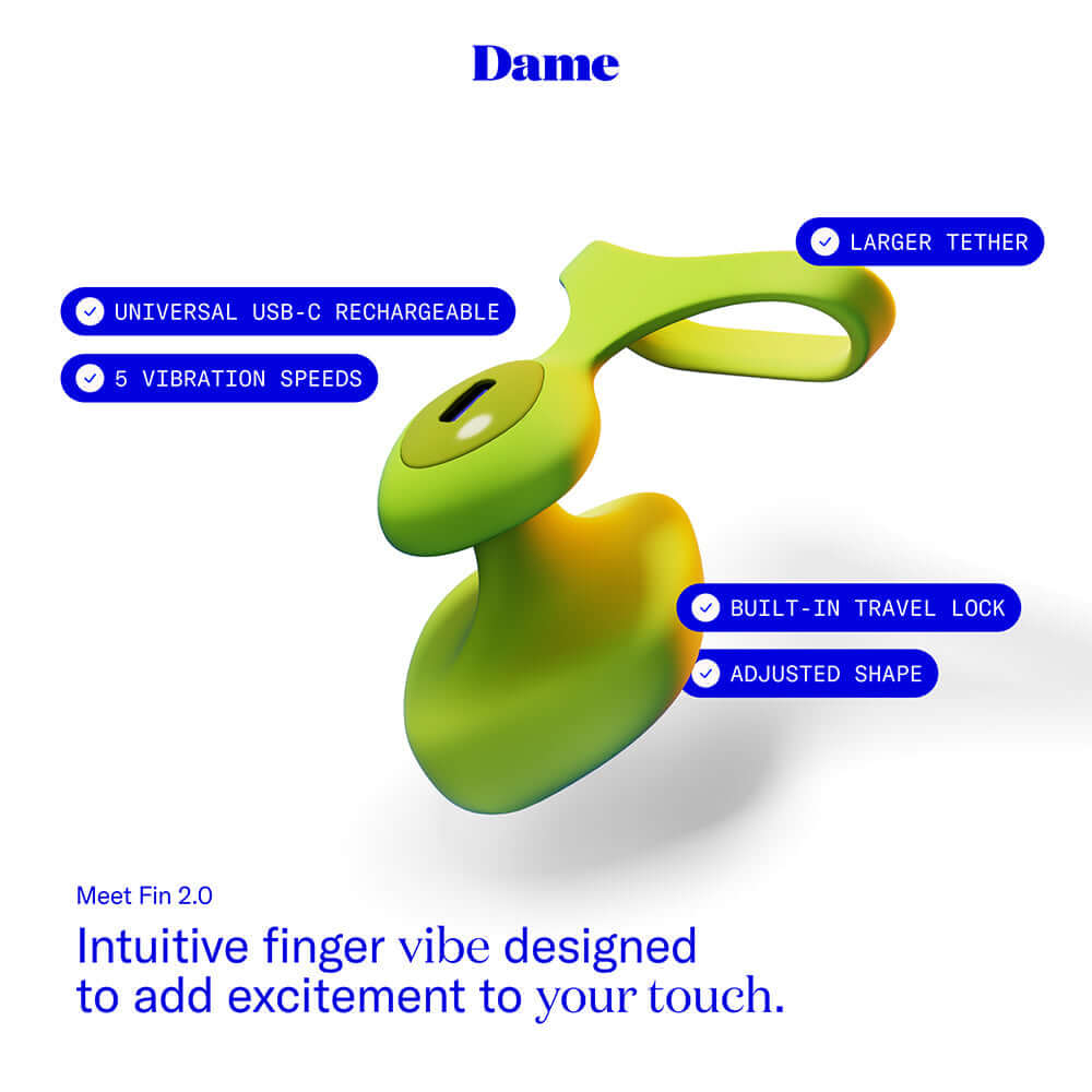 Dame Fin 2.0 Finger Vibrator Citrus featuring ergonomic design and 5 vibration speeds for enhanced pleasure.