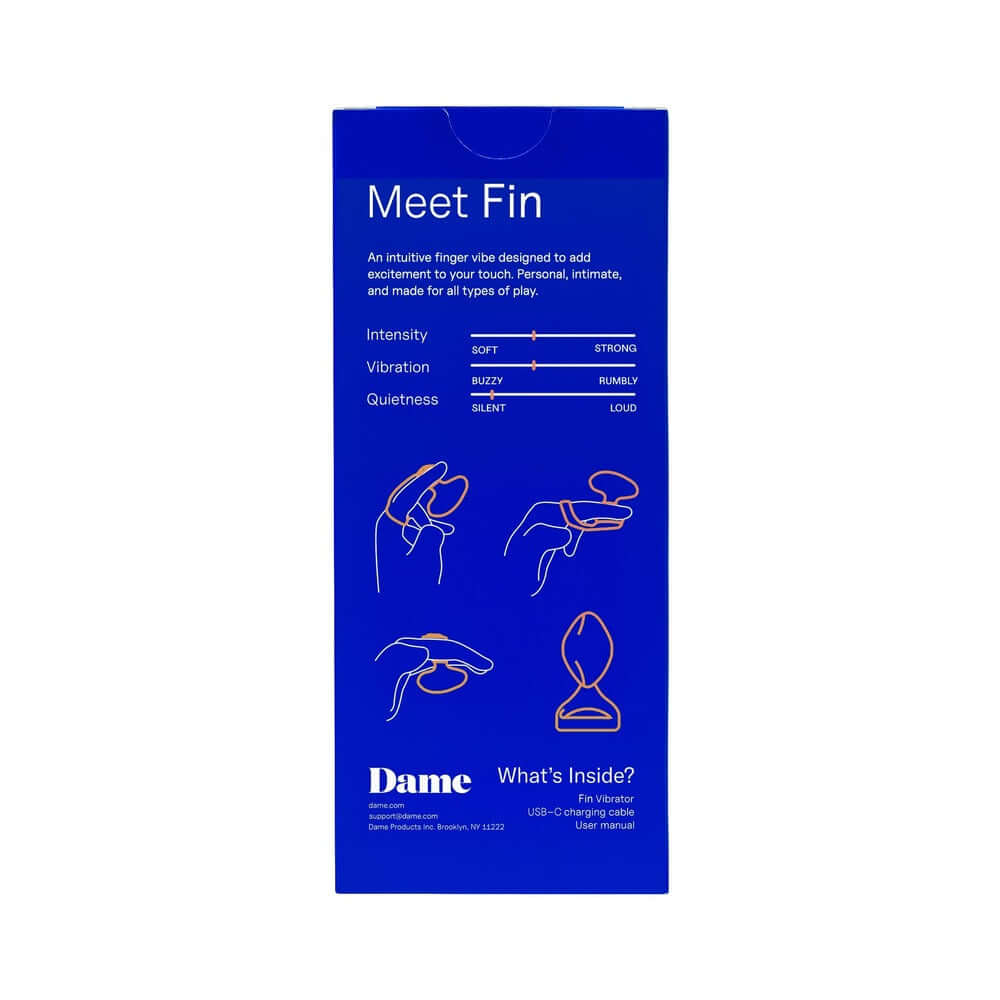 Dame Fin 2.0 Finger Vibrator Citrus packaging showcasing features and vibration options for enhanced pleasure.