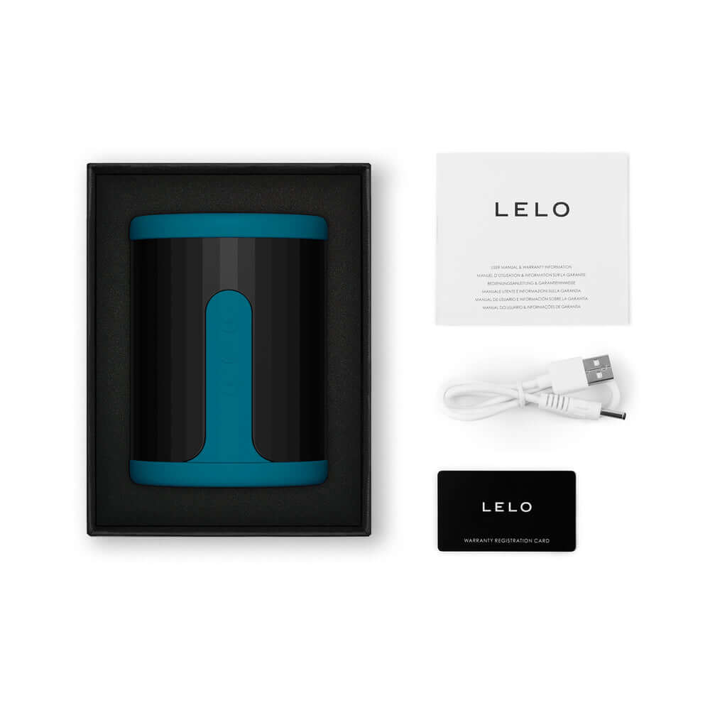 LELO F2S Massager and Stroker Teal packaging showing contents including USB and registration card.