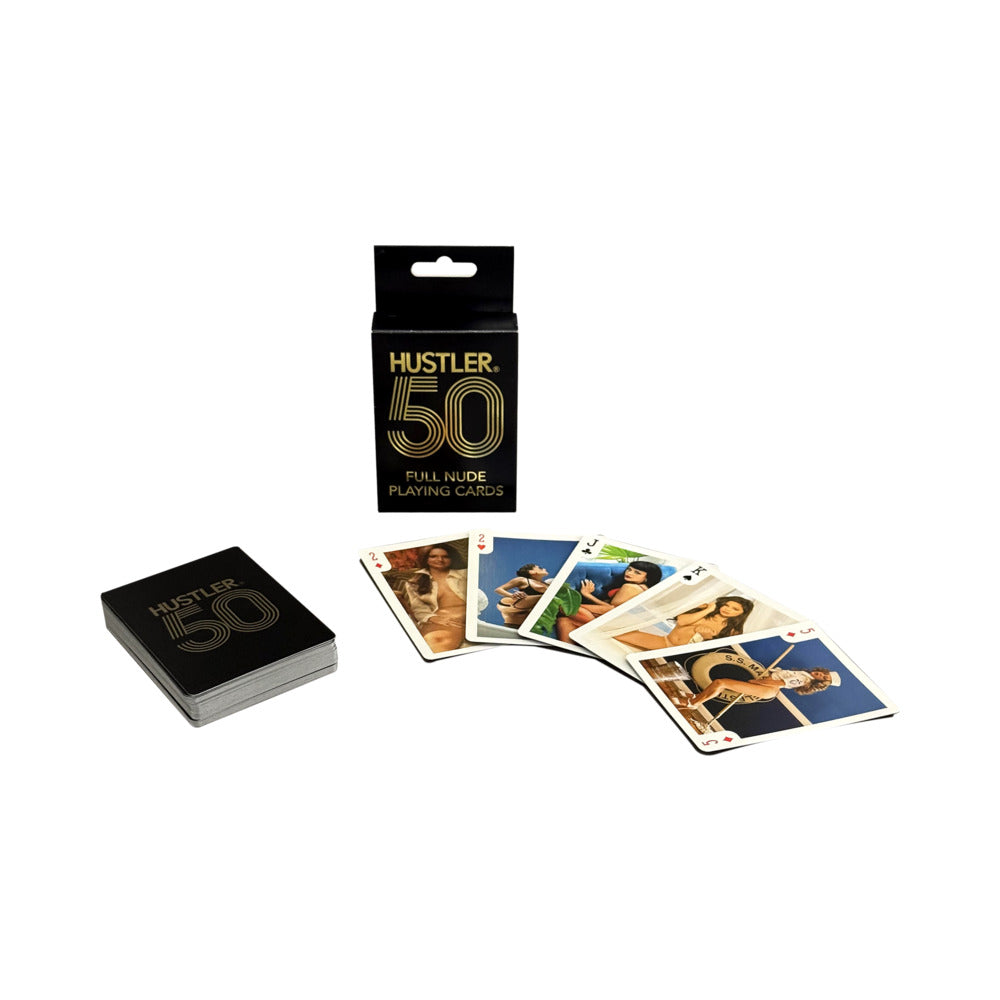 Hustler 50 Years of Centerfolds Playing Cards featuring box and several showcased cards with erotic photography.