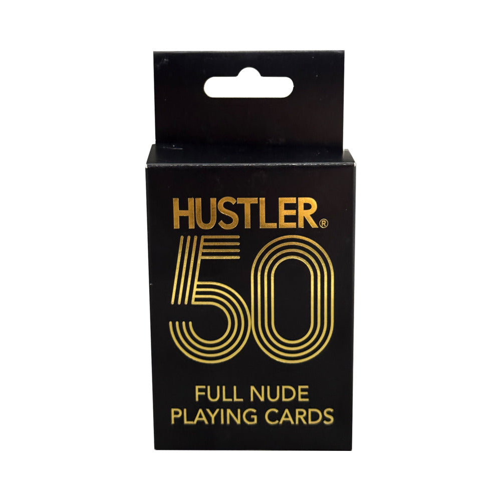 Hustler 50 Years of Centerfolds Playing Cards package with sleek black design and gold lettering.