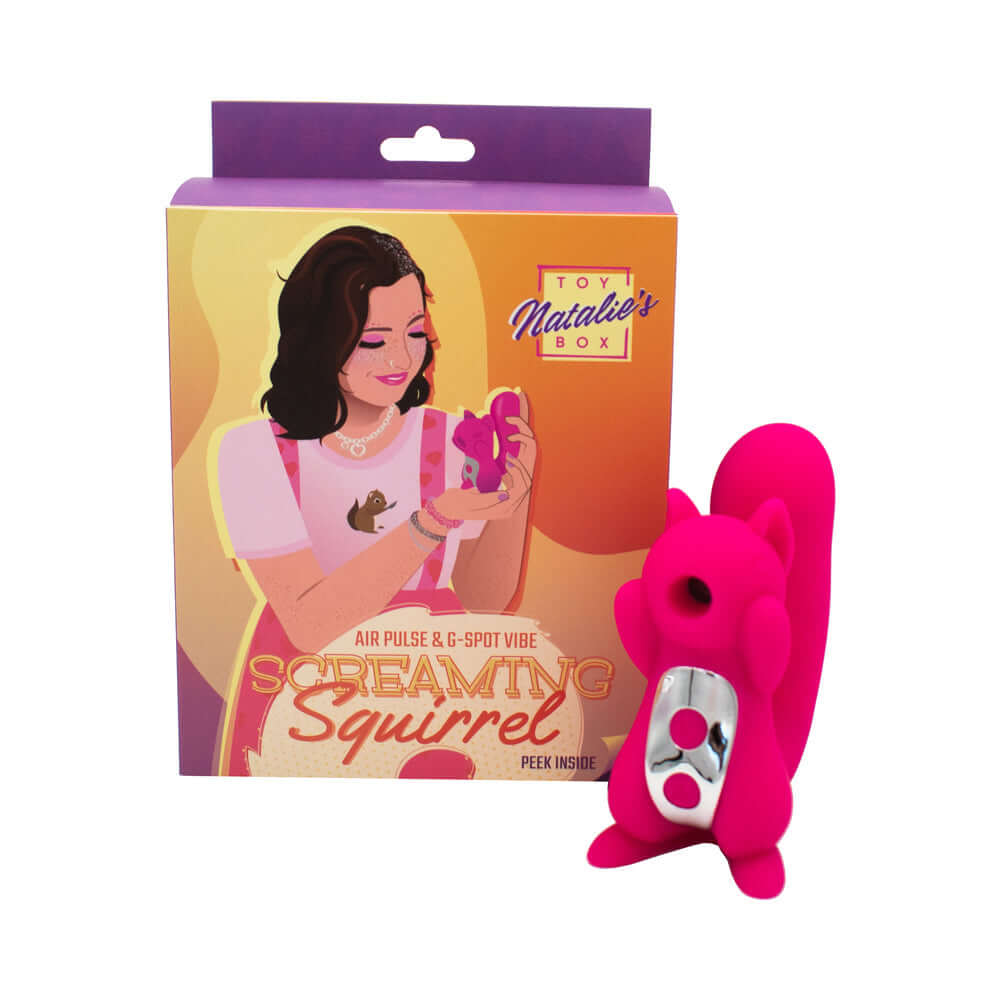 Screaming Squirrel Air Pulse & G-Spot Vibrator in packaging with a playful design and bright colors.