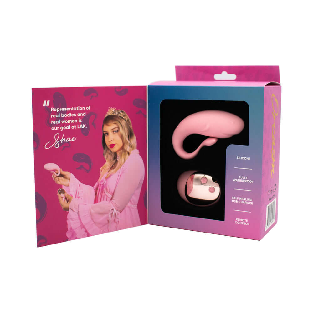 Orcasm Remote Controlled Wearable Egg Vibrator in packaging with remote control and model showcasing its features.