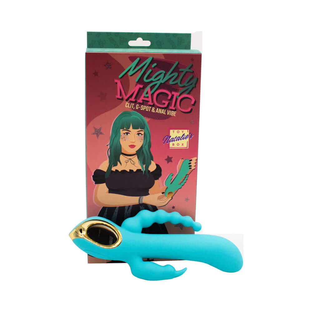 Mighty Magic Clit G-Spot & Anal Vibrator displayed with packaging, showcasing its innovative design for versatile stimulation.