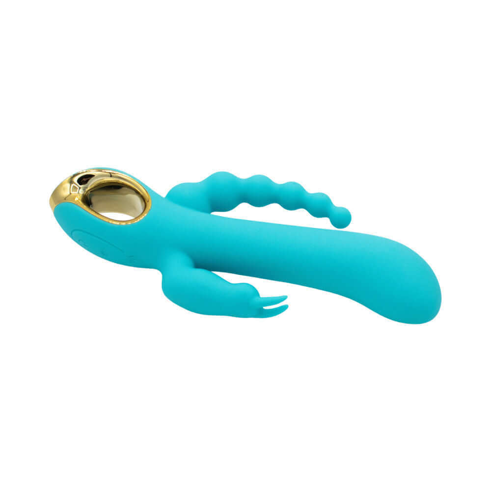 Mighty Magic Clit G-Spot & Anal Vibrator in a teal color with unique design for versatile stimulation.