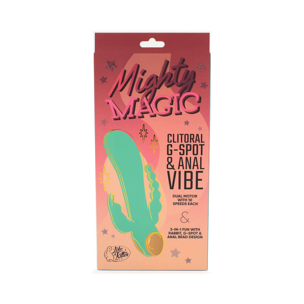 Mighty Magic Clit G-Spot & Anal Vibrator packaging showcasing 3-in-1 design for versatile pleasure.