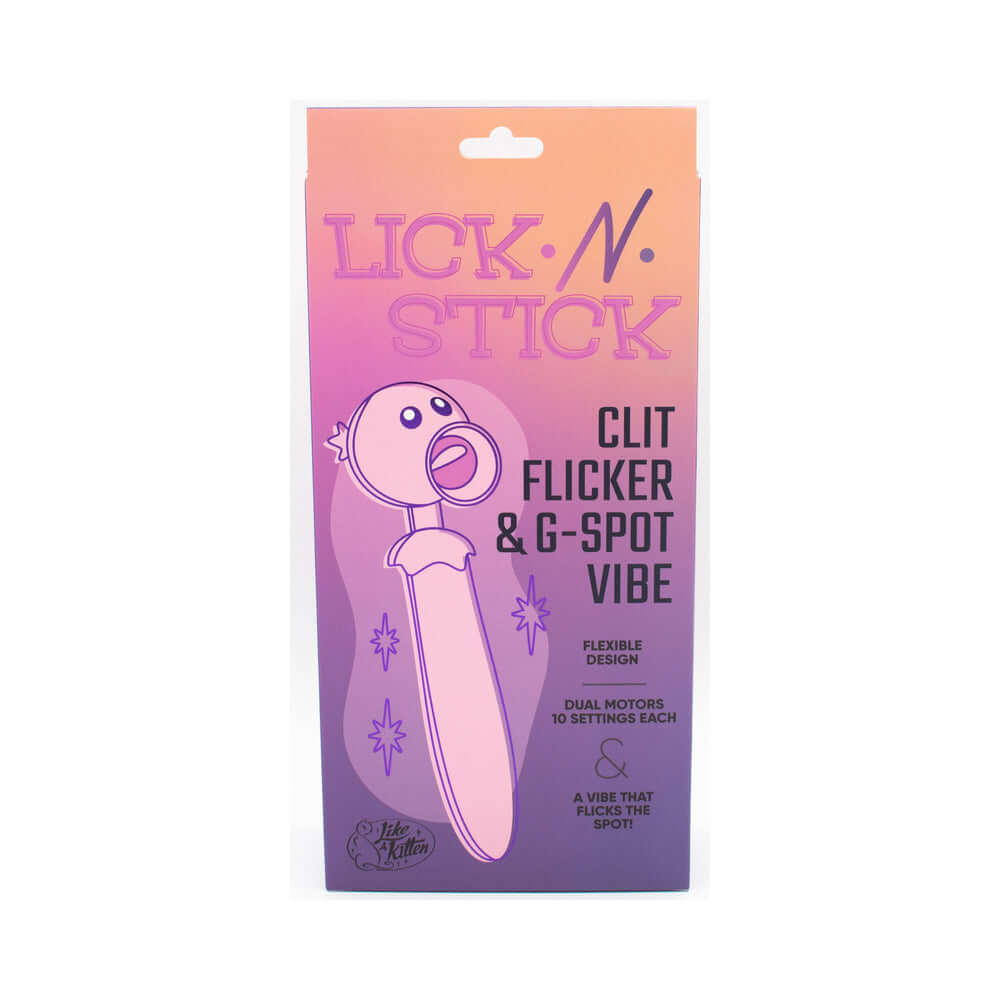 Lick n Stick Clit Flicker & G-Spot Vibrator packaging showcasing flexible design and dual motors for pleasure.
