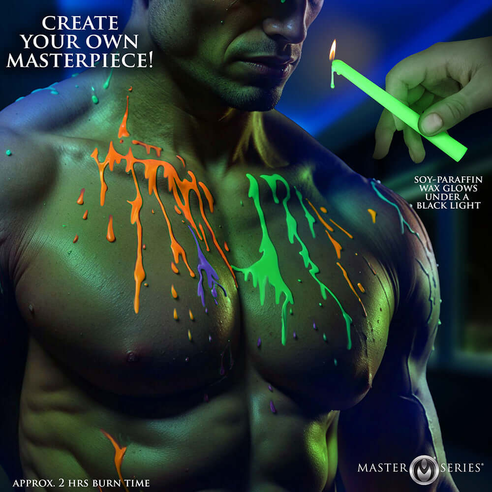 Master Series Glow Wax UV Blacklight Reactive Drip Candles Set of 4 dripped on a muscular torso under black light.