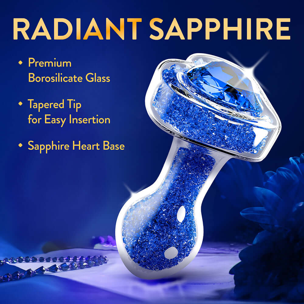 Oh My Gem Prestige Glass Anal Plug Blue with radiant sapphire design, premium borosilicate glass, tapered tip for easy insertion.