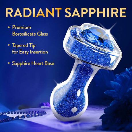 Oh My Gem Prestige Glass Anal Plug Blue with radiant sapphire design, premium borosilicate glass, tapered tip for easy insertion.