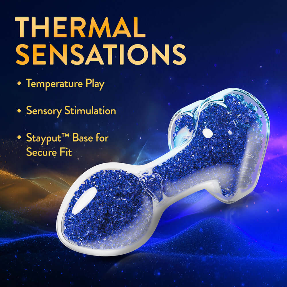 Oh My Gem Prestige Glass Anal Plug Blue showcasing thermal sensations and stayput base for secure fit.