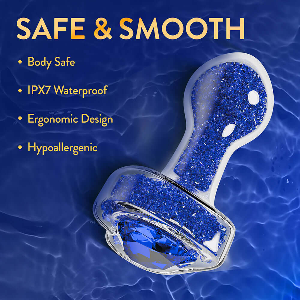 Oh My Gem Prestige Glass Anal Plug Blue showcases body-safe and smooth design with IPX7 waterproof features.