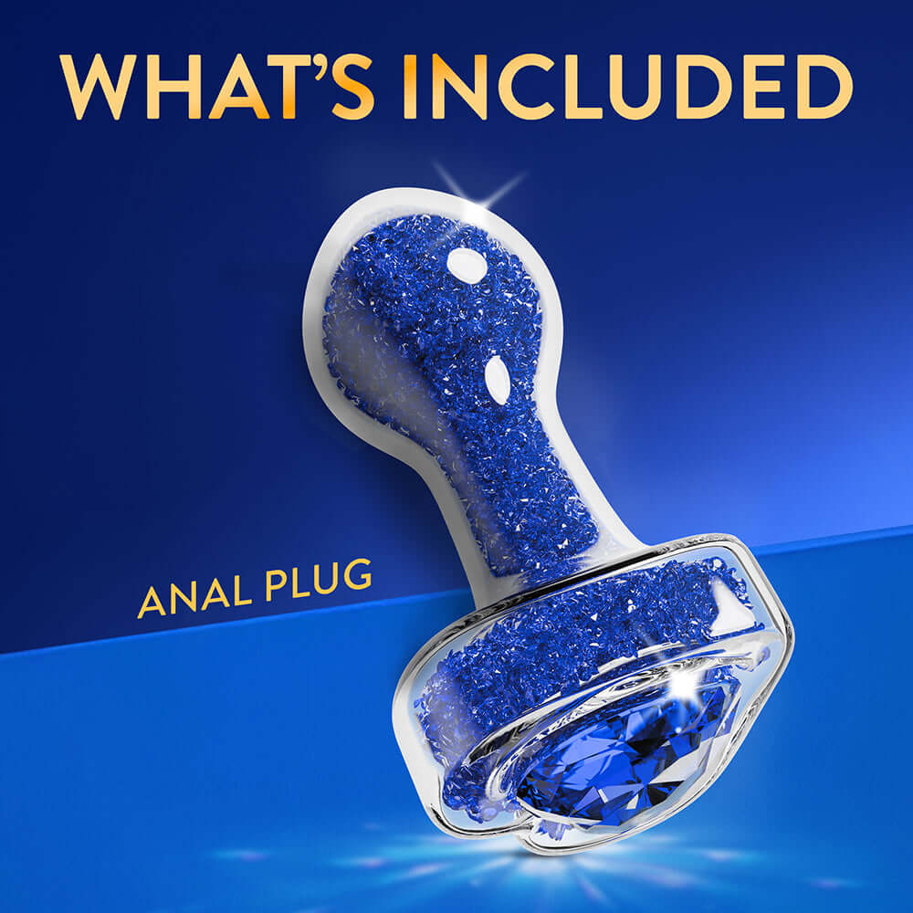 Oh My Gem Prestige Glass Anal Plug Blue displayed with included features on a stunning blue background.